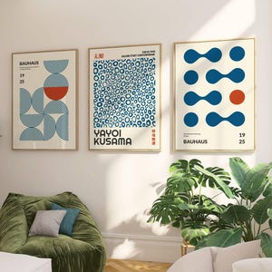 Yayoi Kusama Bauhaus Set of 3 Prints Famous artists Gallery | Blue Wall Art Unique home decor | Japandi Poster Set of 3 | Blue Bauhaus set