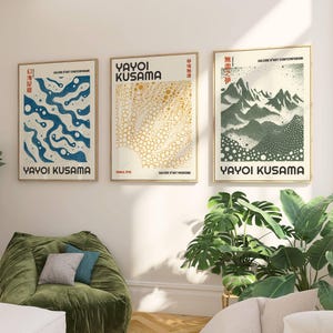 Yayoi Kusama Set of 3 Prints Famous artists Gallery | Blue Wall Art Unique Home Decor | Japandi Poster Set of 3 | Blue, Yellow and Sage set