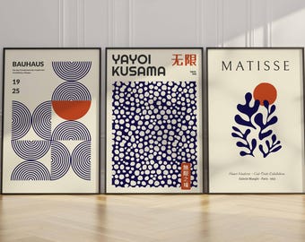 Conjunto de 3 láminas de arte mural Japandi, láminas de galería azul medianoche de Matisse, Kusama y Bauhaus.