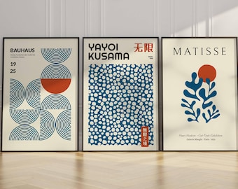 Gallery Wall Art Set of 3, Modern Abstract Prints Inspired by Matisse and Bauhaus