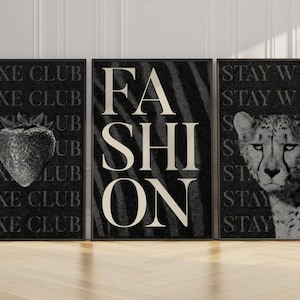 Trendy Fashion Prints Leopard Decor, Trendy Black and White Gallery Wall Art, Set of 3 Prints Chic Apartment Decor, Stylish Y2K Wall Art