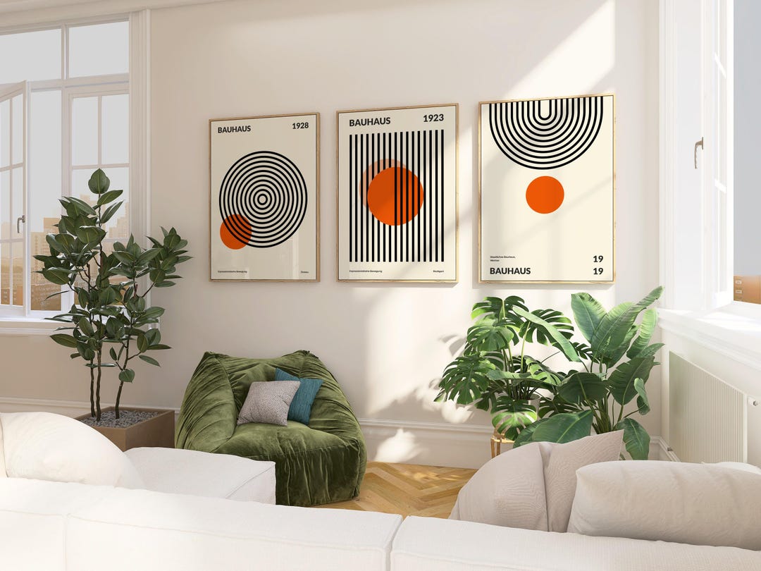 Art Print Set of 3 Orange Bauhaus Geometric Mid Century Living Room ...