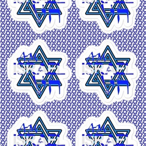 STICKERS: kloonset van 6 'Am Israel Chai', gedrukt op een glanzend A5-labelvel. In leven blijven.