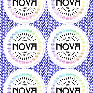 STICKERS: kloonset van 6 'NOVA-logo's', gedrukt op een glanzend A5-labelvel. We zullen weer dansen.