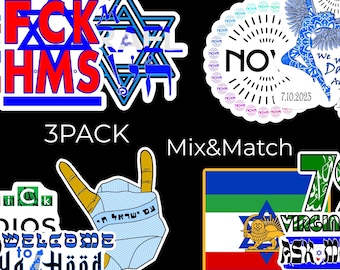 3er-Pack Aufkleber – Zionistische Motive, gedruckt auf strapazierfähiger, blasenfreier Vinylfolie. Kombinieren Sie die Motive nach Belieben.