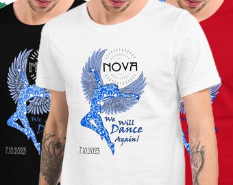 T-Shirt – „NOVA Angels“ auf einem Unisex-T-Shirt aus gekämmter und ringgesponnener Baumwolle mit kurzen Ärmeln. Wir werden wieder tanzen.