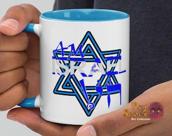 Keramik – „Am Israel Chai“ auf einem farbenfrohen Kaffeebecher. 325 ml (11 oz). Am Leben bleiben.