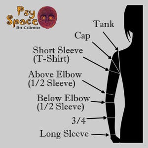 May include: Diagram showing different sleeve lengths for shirts, including tank, cap, short sleeve, above elbow, below elbow, 3/4, and long sleeve.