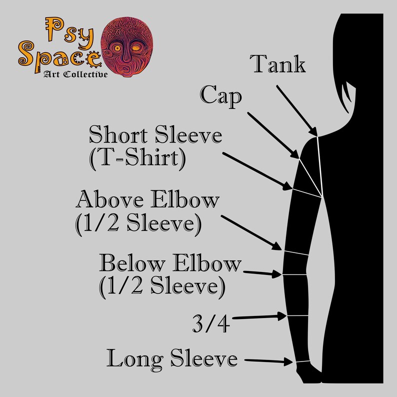 May include: Diagram showing different sleeve lengths for shirts, including tank, cap, short sleeve, above elbow, below elbow, 3/4, and long sleeve.
