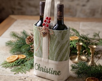 Personalized Wine Bag, Monogrammed Handle, Cotton-Linen, Christmas Gift (14"x9")