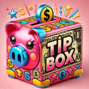 May include: A pink piggy bank shaped like a cube with a slot on top. The piggy bank has a dollar bill on the side and the words "TIP BOX" in large letters. A gold coin with a dollar sign is being inserted into the slot.