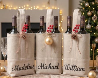 Personalized Christmas Gift, Top Handle Bag, Custom Embroidered Wine Bottle Bag (14"x9")