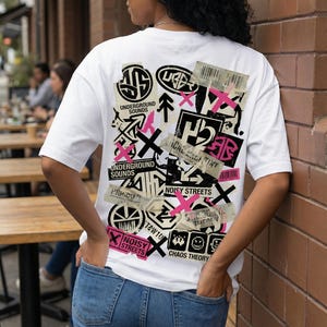 Back view t-shirt design featuring oversized “Female Energy” typography in black and pink for women streetwear graphic tees