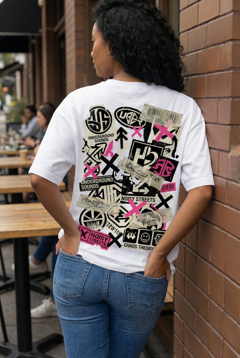 Back view t-shirt design featuring oversized “Female Energy” typography in black and pink for women streetwear graphic tees