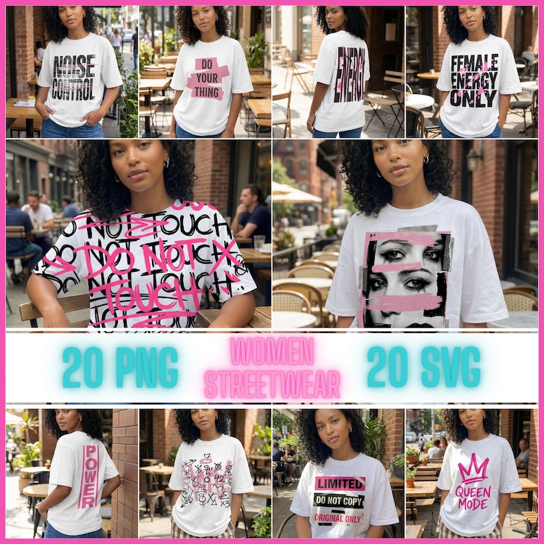 Women streetwear PNG & SVG bundle preview collage featuring 20 bold pink and black typography designs for trendy graphic tees
