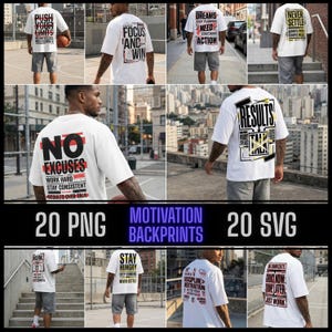 Puede incluir: Camisetas blancas con citas motivacionales en texto negro y rojo. Las camisetas presentan frases como "Push Your Limits", "Focus and Win" y "No Excuses". La imagen también incluye el texto "20 PNG MOTIVATION BACKPRINTS 20 SVG".