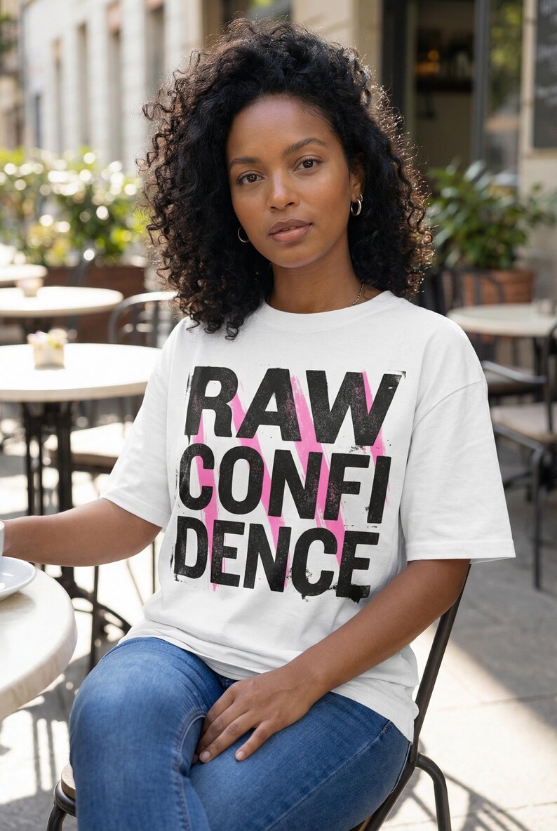 Women’s graphic t-shirt design “Raw Confidence” in bold distressed typography for modern streetwear style outfits