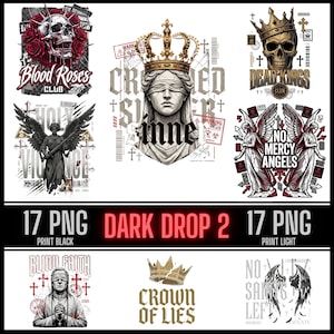 Pacchetto di clipart per t-shirt e felpe con cappuccio streetwear – dark drop 2 | 34 PNG stampati in nero e stampati in chiaro | Design streetwear gotici per POD