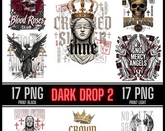 Streetwear T-Shirt & Hoodie Clipart Bundle – dark drop 2 | 34 PNG Print Black and Print Light | Gothic Streetwear Designs für POD