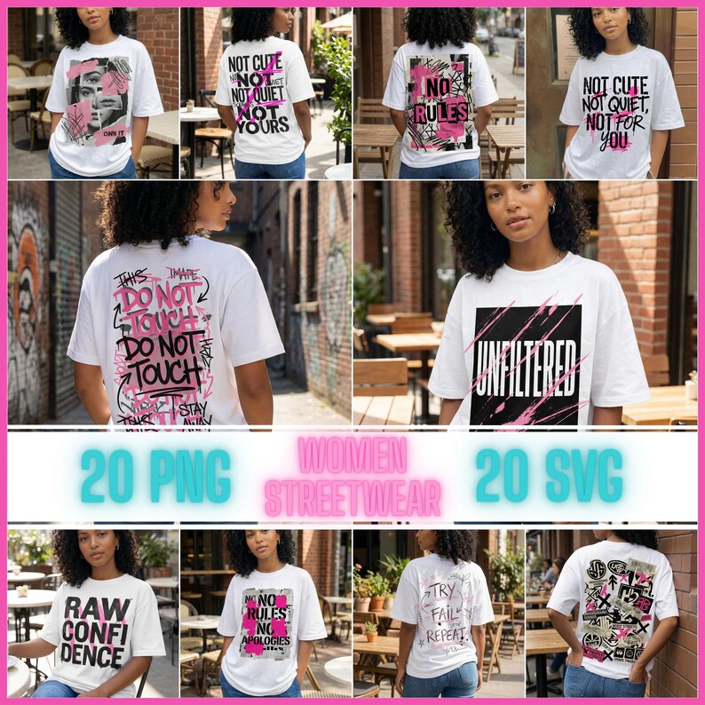 Women streetwear design bundle cover image showing 20 PNG transparent and 20 SVG files with bold statement typography graphics