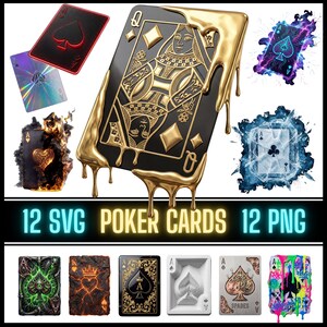 Könnte beinhalten: Eine Sammlung stilisierter Pokerkarten-Designs. Das Bild zeigt eine Karo-Dame mit goldenen Akzenten und tropfendem Gold, zusammen mit anderen Karten mit einzigartigen Effekten. Der Text "12 SVG POKER CARDS 12 PNG" ist zu sehen.
