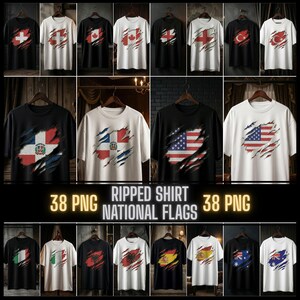 Könnte beinhalten: Eine Sammlung von T-Shirts mit zerrissenen Designs von Nationalflaggen, darunter die Schweizer, kanadische, englische, türkische, dominikanische und amerikanische Flaggen. Die Shirts sind in Schwarz und Weiß erhältlich. Der Text "RIPPED SHIRT NATIONAL FLAGS" ist zu sehen.