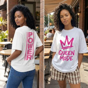 Back print women streetwear design with vertical “Power” typography in hot pink on a white t-shirt mockup