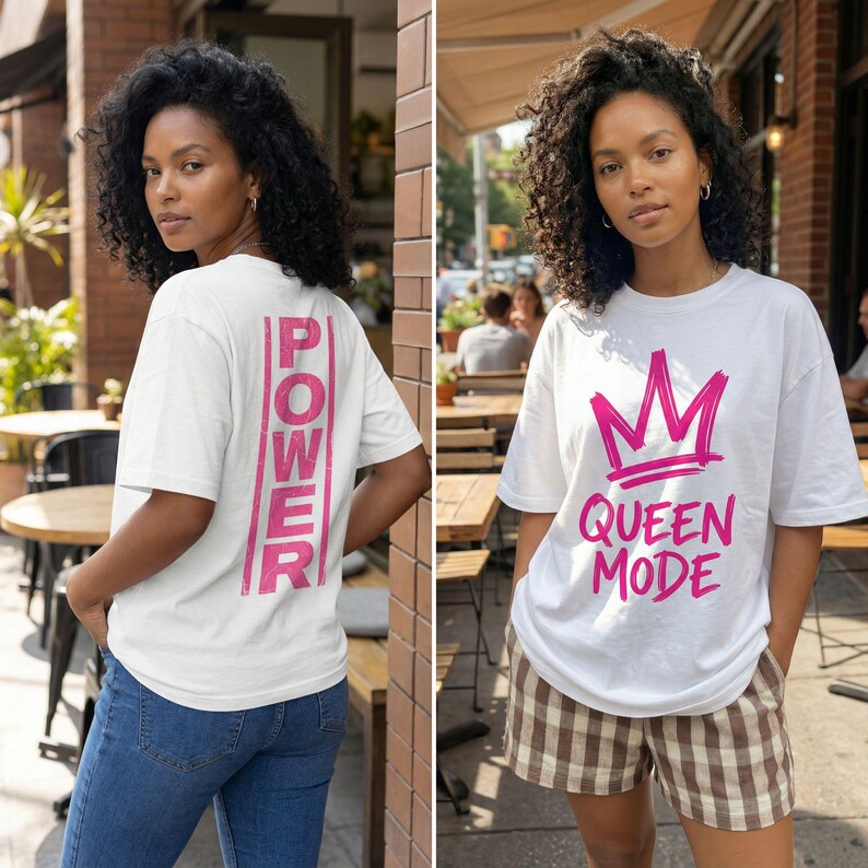 Back print women streetwear design with vertical “Power” typography in hot pink on a white t-shirt mockup
