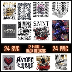 May include: A collection of graphic designs featuring various themes. Designs include an angel, a skull, and text such as "Smoky Angel", "Glimpse", "Saint", "Nature Error", and "Money Chronicles". The image also states "24 SVG" and "24 PNG".
