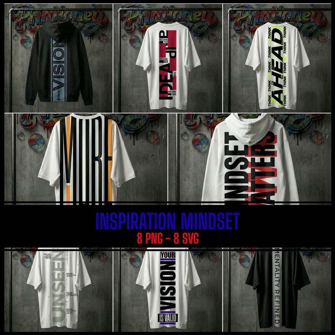 Mindset T Shirt Design Bundle PNG SVG – 8 Typography Streetwear Back ...