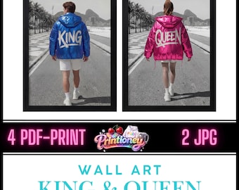 King Queen Wall Art Set – Couple Street Art Poster, Modern Love Wall Decor, His and Hers Art Prints, Instant Download
