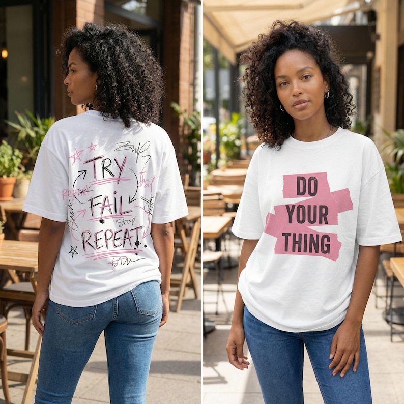 Back view women streetwear t-shirt featuring large “do your thing” graphic with black typography and pink paint details