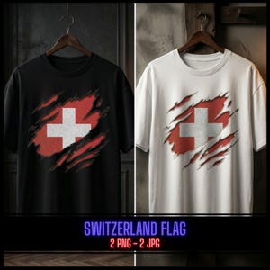 Könnte beinhalten: Zwei T-Shirts, eines schwarz und eines weiß, jeweils mit einem Schweizer Flaggen-Design. Die Flagge scheint zerrissen zu sein und zeigt das rote und weiße Kreuz. Der Text "SWITZERLAND FLAG" steht unten.