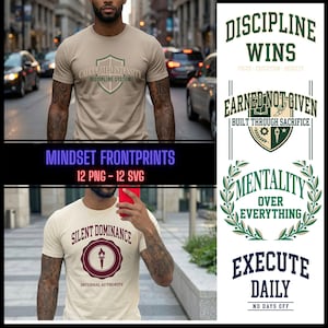 Puede incluir: La imagen muestra camisetas con citas y gráficos motivacionales. Una camiseta muestra "CALCULATED INTENSITY" y "DISCIPLINE SYSTEM". Otra presenta "SILENT DOMINANCE" y "INTERNAL AUTHORITY". Diseños adicionales incluyen "DISCIPLINE WINS" y "EARNED NOT GIVEN".