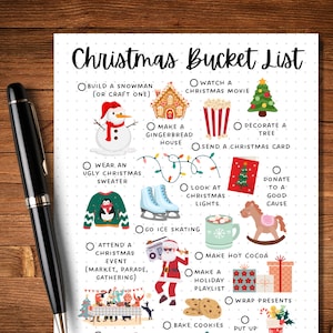 May include: A printable Christmas bucket list with illustrations of activities like building a snowman, watching a Christmas movie, decorating a tree, and baking cookies.