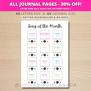 Song des Monats - Jährliche Playlist - DRUCKBARE Journalseite - Song Tracker - Musik Tracker - Playlist des Jahres - Playlist Journal Seite