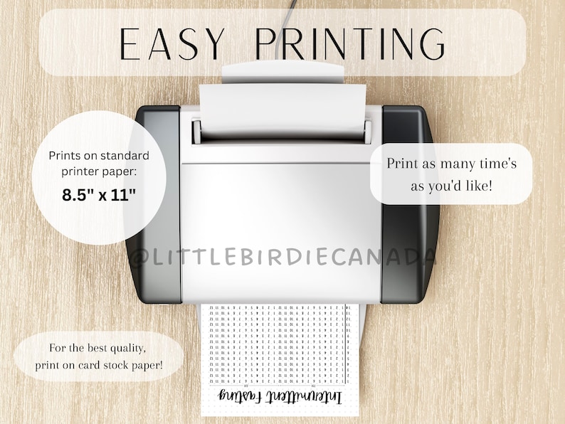 May include: A white printer with a black top and a sheet of paper with a grid pattern coming out of it. The text "EASY PRINTING" is at the top of the image. The text "Prints on standard printer paper: 8.5" x 11" is on the left side of the image. The text "Print as many time's as you'd like!" is on the right side of the image. The text "LITTLEBIRDIECANADA" is at the bottom of the image.