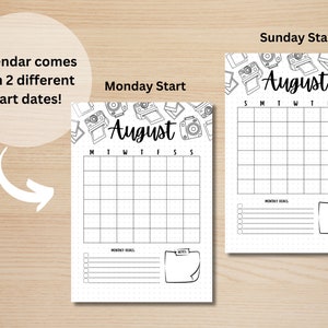 May include: Two printable August calendar pages with a camera theme. The calendar pages are designed with a dotted grid and include space for monthly goals and notes. One calendar starts on Sunday and the other starts on Monday.
