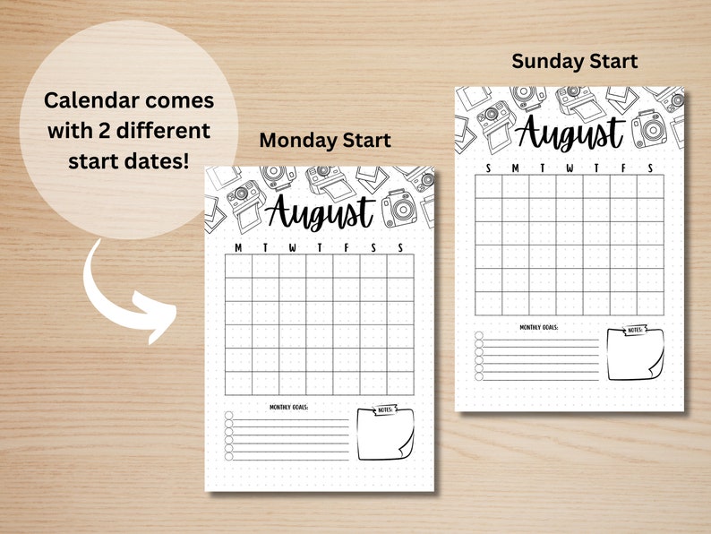 May include: Two printable August calendar pages with a camera theme. The calendar pages are designed with a dotted grid and include space for monthly goals and notes. One calendar starts on Sunday and the other starts on Monday.