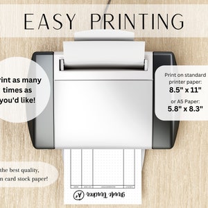 May include: A white printer with a sheet of paper coming out of it. The paper has a grid pattern and the text "Guide Tracker" printed on it. The text "EASY PRINTING" is at the top of the image. The text "Print as many times as you'd like!" is on the left side of the image. The text "Print on standard printer paper: 8.5" x 11" or A5 Paper: 5.8" x 8.3" is on the right side of the image. The text "For the best quality, print on card stock paper!" is at the bottom of the image.