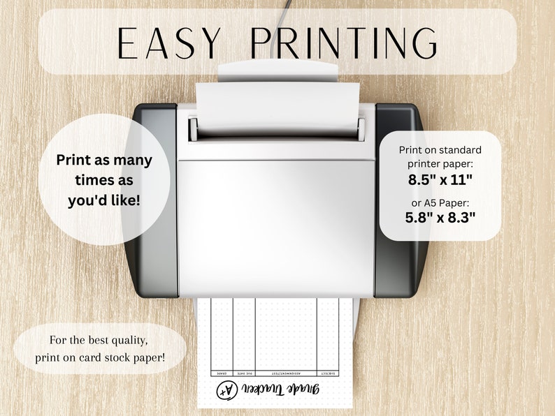 May include: A white printer with a sheet of paper coming out of it. The paper has a grid pattern and the text "Guide Tracker" printed on it. The text "EASY PRINTING" is at the top of the image. The text "Print as many times as you'd like!" is on the left side of the image. The text "Print on standard printer paper: 8.5" x 11" or A5 Paper: 5.8" x 8.3" is on the right side of the image. The text "For the best quality, print on card stock paper!" is at the bottom of the image.
