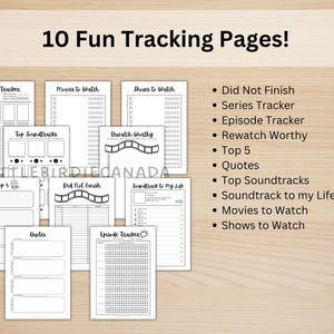 K&ouml;nnte beinhalten: Eine Sammlung von 10 unterhaltsamen Tracking-Seiten, darunter Serien, Filme und Shows zum Ansehen, mit Platz f&uuml;r Top-Soundtracks und Zitate. Die Seiten sind schwarz-wei&szlig;, mit Holz-Hintergrund.