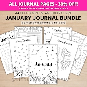 Página de título de enero - Montaña y estrellas - Calendario de enero - Calendario imprimible - Juego de página de título de diario y calendario - Portada de enero