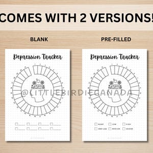 May include: Two printable depression tracker pages. The first page is blank and the second page is pre-filled with severity levels: none, low, high, very low, medium, and severe.