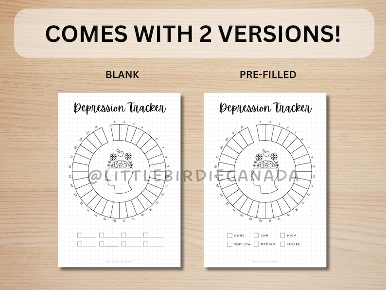May include: Two printable depression tracker pages. The first page is blank and the second page is pre-filled with severity levels: none, low, high, very low, medium, and severe.