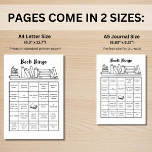 May include: Two Book Bingo game sheets, one A4 size (8.3" x 11.7") and one A5 size (5.83" x 8.27"). Each sheet features a grid with book-related prompts. The text "PAGES COME IN 2 SIZES:" is at the top.
