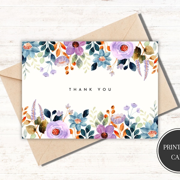 Carte de remerciement imprimable Carte de remerciement florale Carte de remerciement florale Carte de remerciement à imprimer à la maison Carte de remerciement pour elle en téléchargement numérique