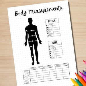 K&ouml;nnte beinhalten: Druckbarer K&ouml;rperma&szlig;-Tracker mit einer schwarzen Silhouette einer Person und einer Tabelle, um Messungen f&uuml;r Brust, Arm, Taille, H&uuml;fte, Oberschenkel und Wade &uuml;ber sechs Wochen zu verfolgen.
