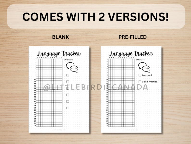 May include: Two printable language tracker pages. The left page is blank. The right page has the text "Practiced" and "Didn't Practice" next to checkboxes. Both pages have a speech bubble icon and the text "Language Tracker".