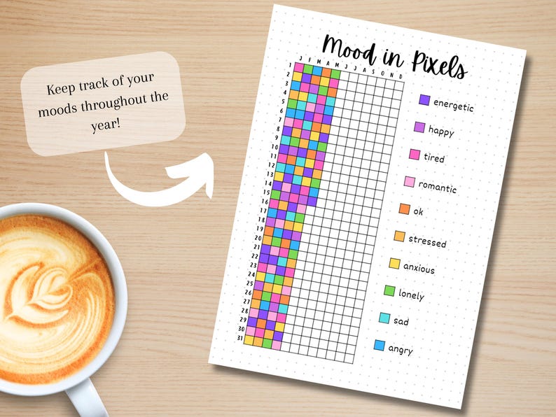 May include: A printable mood tracker with a grid of 31 squares for each month of the year. Color in the squares to represent your mood each day. The moods are labeled: energetic, happy, tired, romantic, ok, stressed, anxious, lonely, sad, and angry.